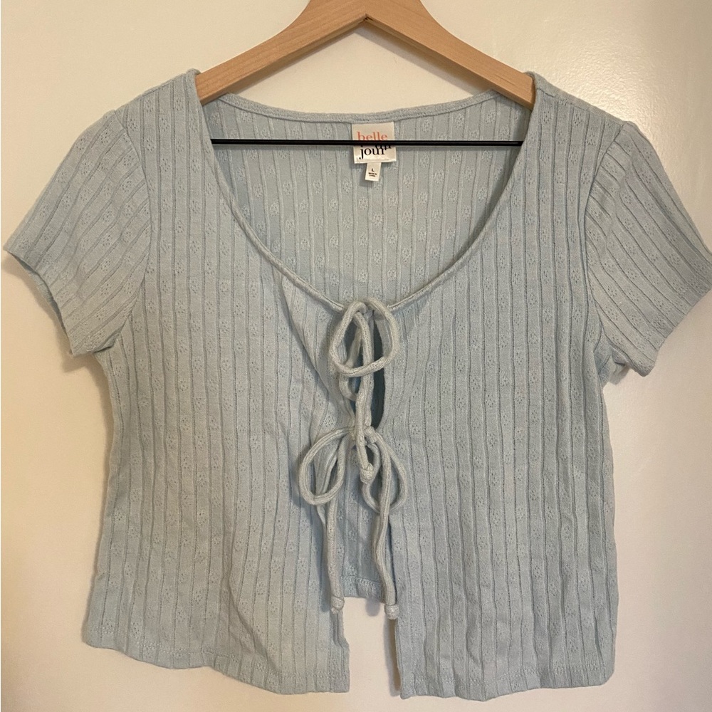 Baby blue pointelle tie front top